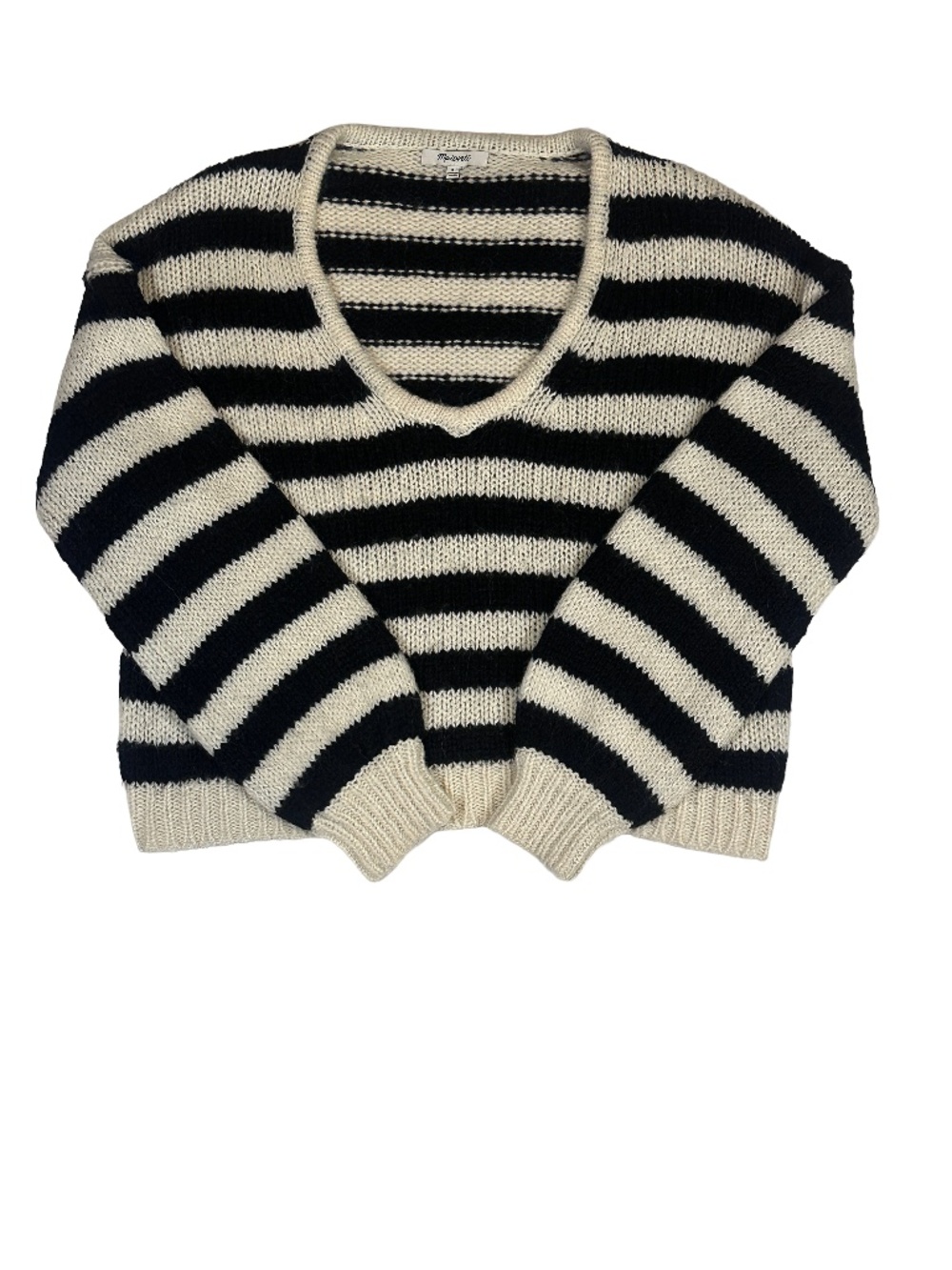Madewell Stripe Alpaca Wool Blend Sweater | Black Cream | Oversized Crop | Size